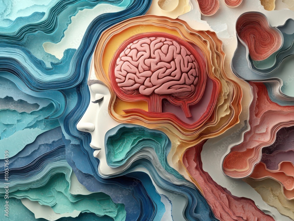 Obraz premium Intricate paper-cut collage, close-up, layered human heads with brain designs, warm pastel background, digital illustration, emphasizes mental health, soft inviting tones