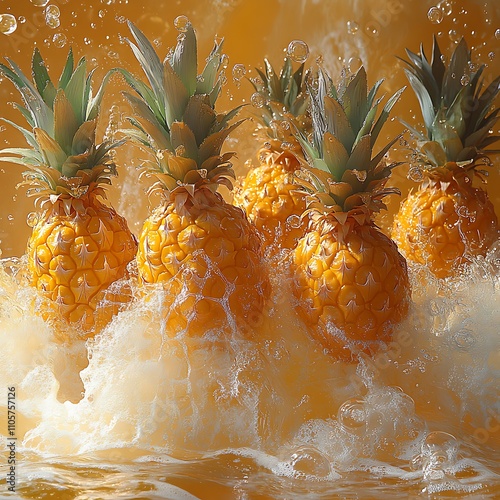 Fresh pineapples dive into cool water under golden sunlight images photo