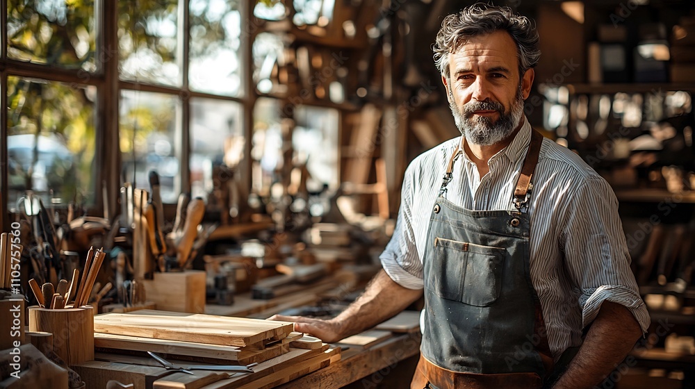 Craftsman Working in a Charming Woodworking Workshop with Handmade Furnishings and Soft Sunlight Craftsman Working in a Charming Woodworking Workshop with Handmade Furnishings and Soft Sunlight