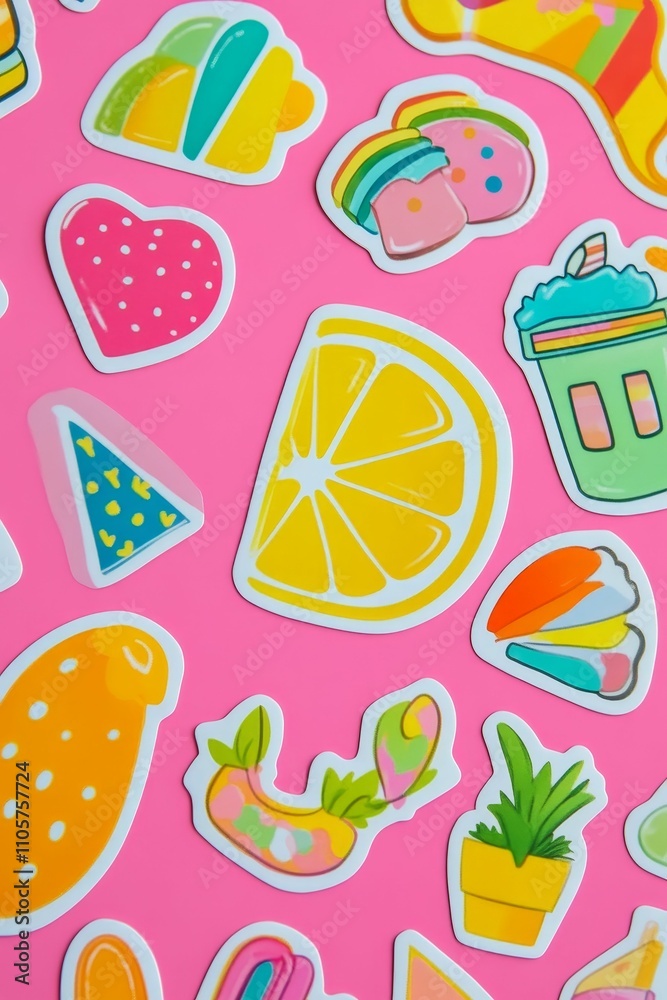 Colorful stickers on pink background; fruity, sweet themes. Colorful stickers on pink background; fruity, sweet themes.