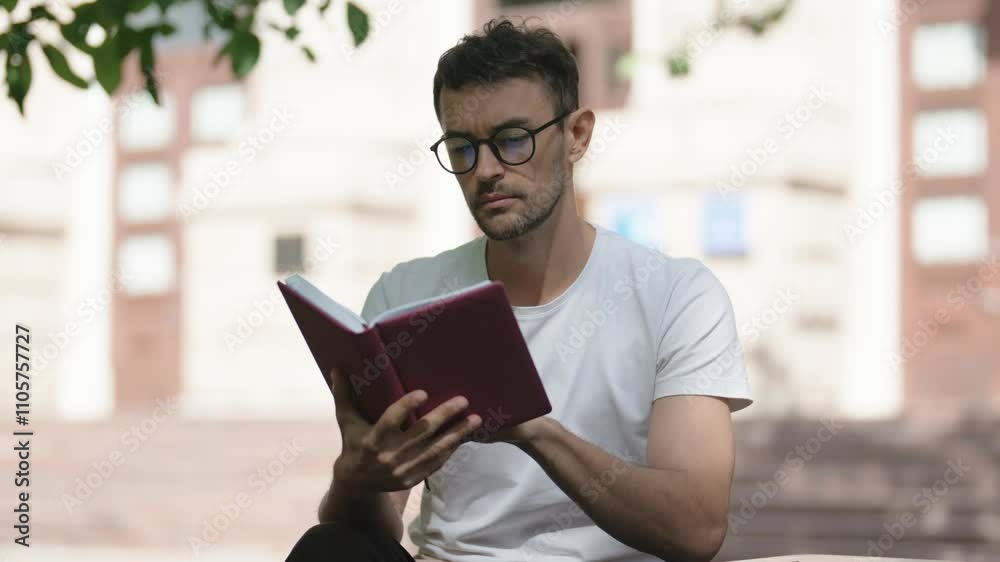 Man reading a book outdoors in a park. He is wearing glasses and a white t-shirt. The background is blurred and out of focus. Man reading a book outdoors in a park. He is wearing glasses and a white t-shirt. The background is blurred and out of focus.