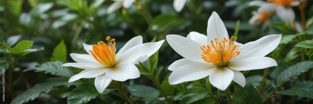 Eye-catching white petal with bright orange pistil surrounded by green foliage, fresh and vibrant, striking colors Eye-catching white petal with bright orange pistil surrounded by green foliage, fresh and vibrant, striking colors