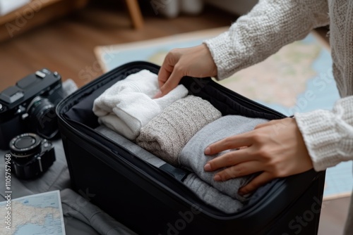 A hands-on approach as a cozy travel bag reveals neatly rolled clothing and a camera, preparing for an adventure and showcasing thoughtful packing.