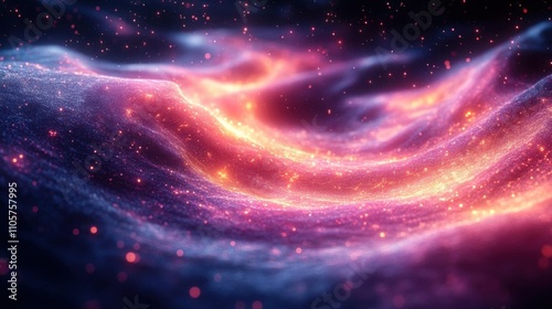 Cosmic nebula spirals with glowing magenta and teal gradients and swirling particles