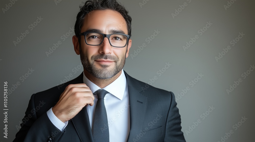 Portrait of a man in glasses and a black suit adjusting his tie Portrait of a man in glasses and a black suit adjusting his tie