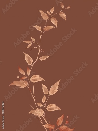 A stylized branch with leaves, on a brown background.