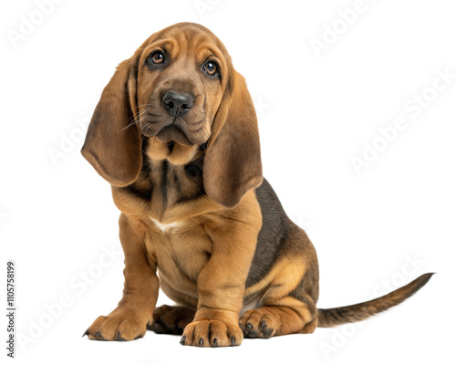 Bloodhound dog puppy isolated on white background. Bloodhound puppy sitting and looking at camera on white background