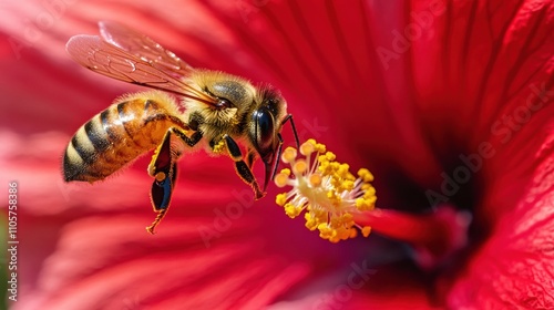A close-up of a bee pollinating a bright red hibiscus flower