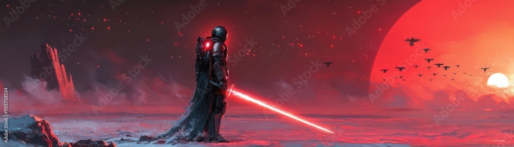 Fototapeta premium Strategic birds-eye perspective of a warrior in radiant armor, sword emitting light, futuristic terrain, drone-filled sky, photorealistic portrayal, evocative and striking imagery
