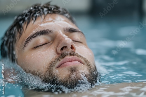 A young man relaxes in aqua water with a peaceful expression, embodying the essence of leisure and tranquility amidst gentle water ripples and a serene backdrop.