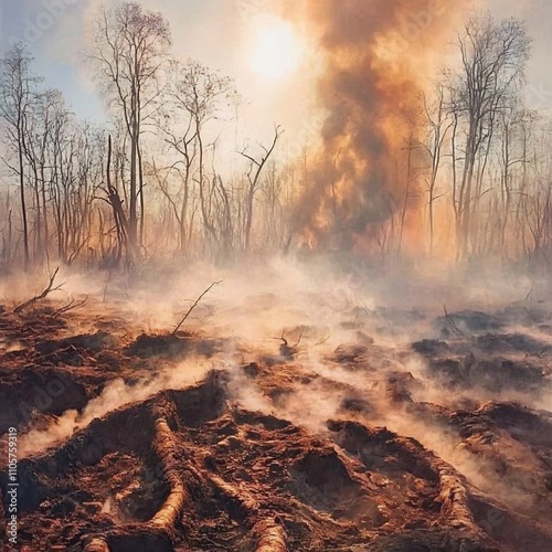 Raging Forest Fire Engulfing Scorched Woodland Landscape in Dramatic Clouds of Billowing Smoke photo