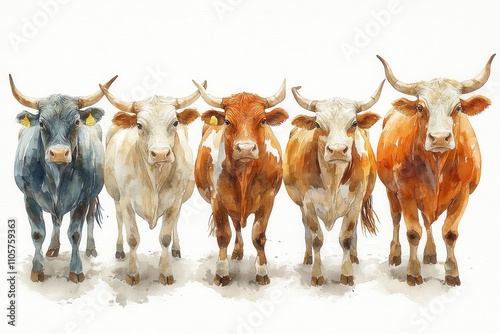 A watercolor illustration of five cows standing side by side.