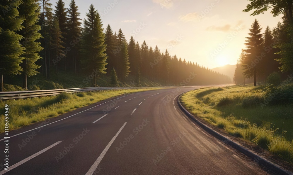 Landscape of a race track running through a serene green forest at sunset, trees, green Landscape of a race track running through a serene green forest at sunset, trees, green