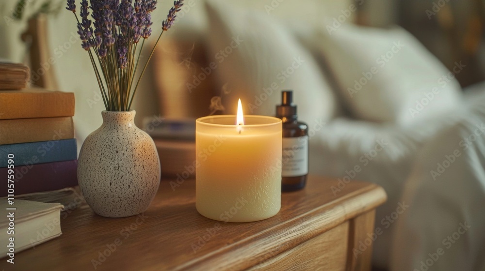 custom made wallpaper toronto digitalLavender candle burning on bedside table with diffuser and books