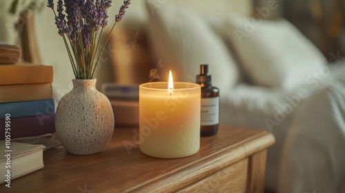 Wallpaper Mural Lavender candle burning on bedside table with diffuser and books Torontodigital.ca