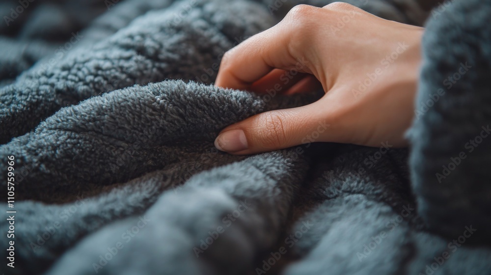 Adjusting weighted blanket in soft lighting focusing on texture