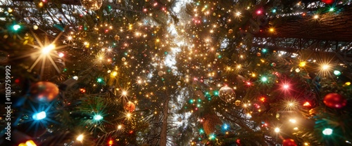 Magical Christmas Tree Lights Upward View of Dazzling Holiday Illumination