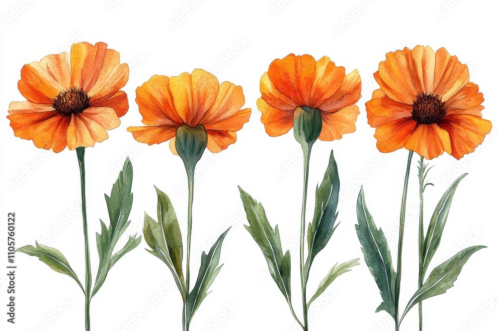 Fototapeta premium A watercolor illustration of four vibrant orange flowers with green leaves.