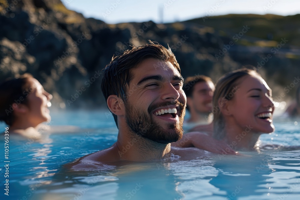 A group of friends enjoying a joyful moment in a hot spring pool, creating a lively and inviting atmosphere during a sunny day amidst rugged, natural scenery. A group of friends enjoying a joyful moment in a hot spring pool, creating a lively and inviting atmosphere during a sunny day amidst rugged, natural scenery.