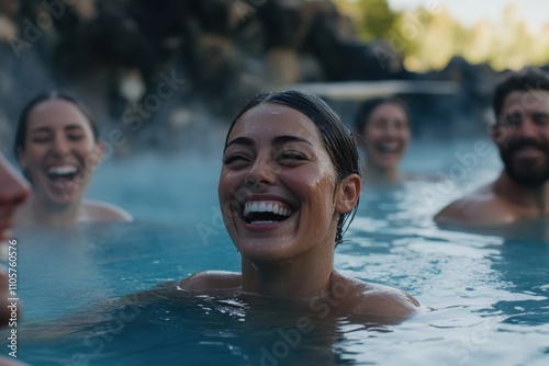Engaged in lighthearted moments, a group submerged in a soothing thermal pool showcases the warmth of camaraderie and the beauty of nature surrounding them.