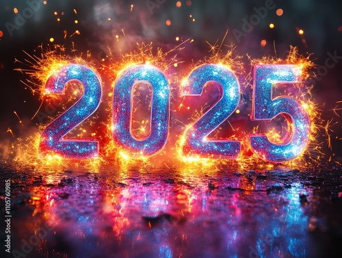 Vibrant 2025 Celebration with Multicolored Sparkling Numbers Reflecting on Wet Ground