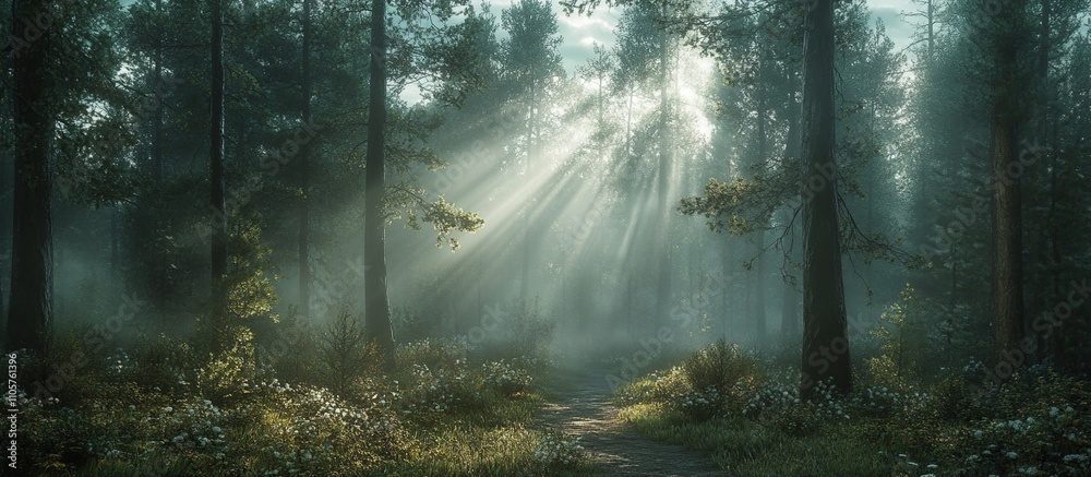 Obraz premium A serene forest scene with sunlight filtering through trees, creating a tranquil atmosphere.