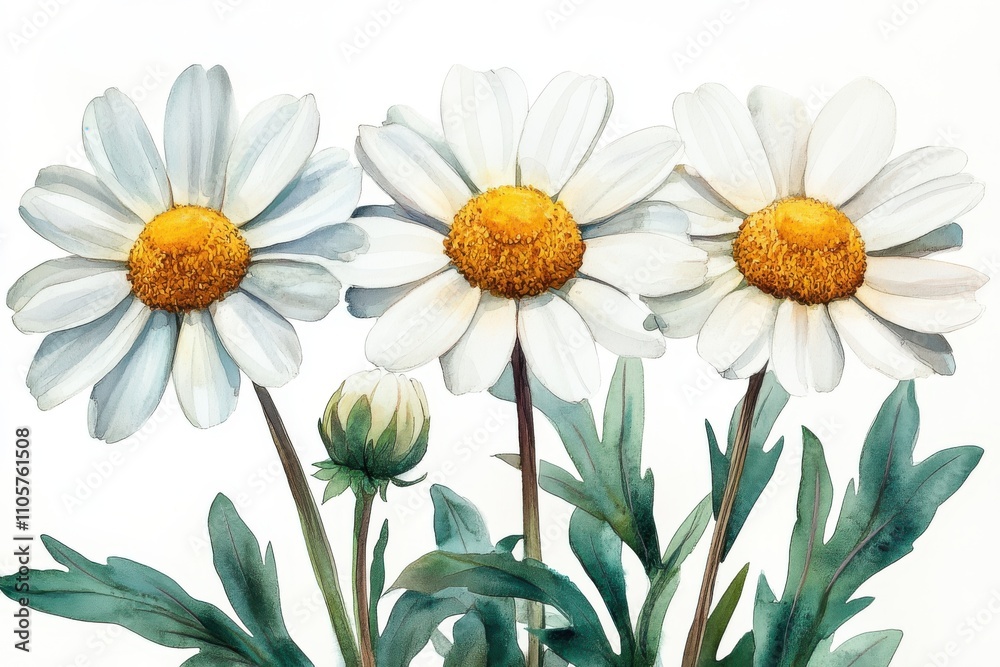 Fototapeta premium A watercolor illustration of three daisies with green leaves, showcasing natural beauty.
