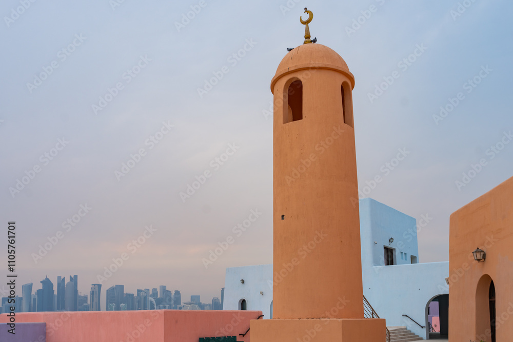 Naklejka premium Colorful Streets and Mosque Photo, Mina District Corniche, Doha Marina Doha, Qatar