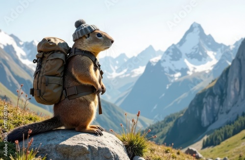 A groundhog dressed as an adventurer, with a hiking backpack, standing on a rock, looking out over a mountain range. Happy groundhog day photo