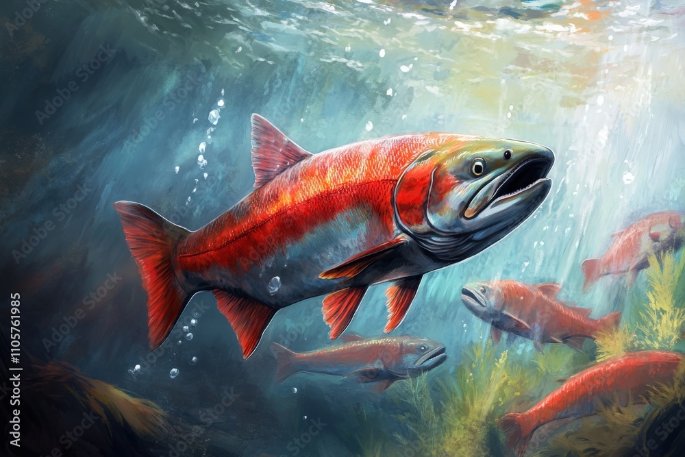 Fototapeta premium Kokanee Salmon Spawning Underwater: Wild Fish Swim in Red River Nature