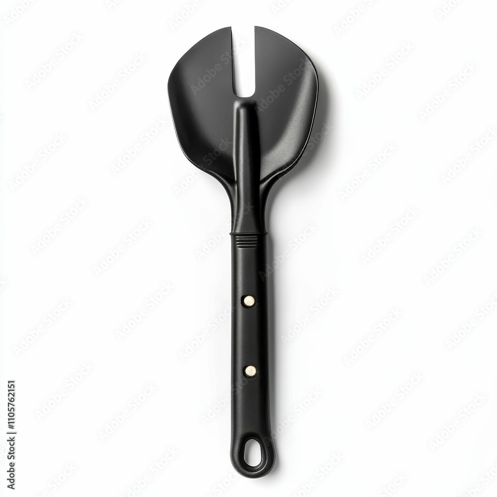 Black gardening tool with divided scoop. Black gardening tool with divided scoop.