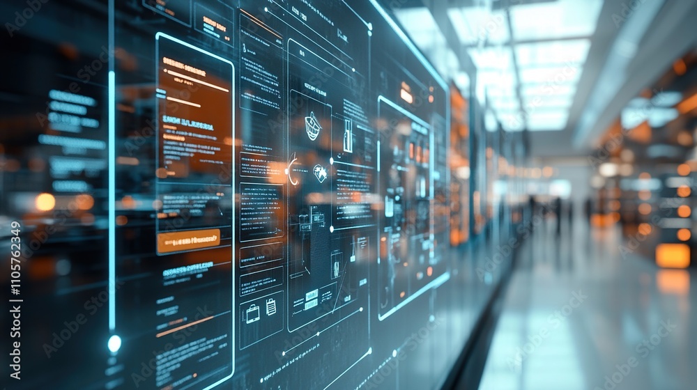 Futuristic digital interface displaying data and information in a modern environment. Futuristic digital interface displaying data and information in a modern environment.