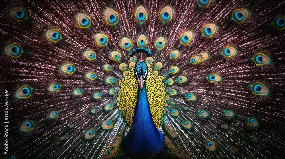 Obraz premium Majestic Peacock Displaying Its Vibrant Plumage in Full Splendor Against a Colorful Background of Eye-catching Feathers and Natural Beauty