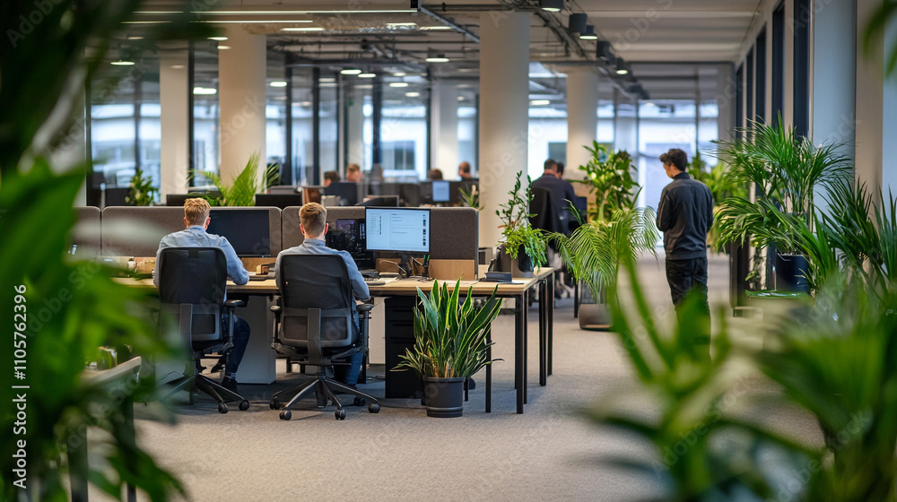 Modern office space with greenery, promoting productivity and collaboration among employees
