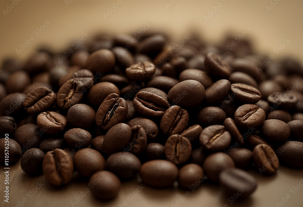 Roasted brown coffee beans form a delicious pile. Roasted brown coffee beans form a delicious pile.