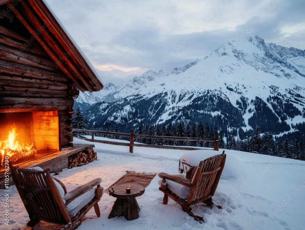 Cozy winter retreat rustic cabin by the snowy mountains warm fireplace scene serene landscape tranquil evening inviting atmosphere for relaxation Cozy winter retreat rustic cabin by the snowy mountains warm fireplace scene serene landscape tranquil evening inviting atmosphere for relaxation