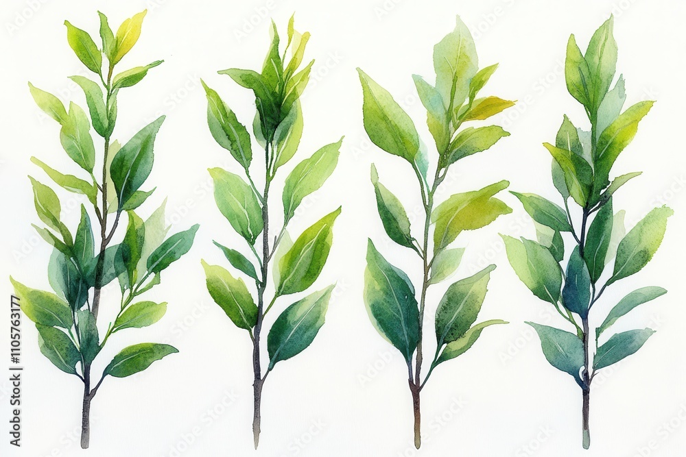 Fototapeta premium A watercolor illustration of various green plant branches showcasing different leaf shapes.