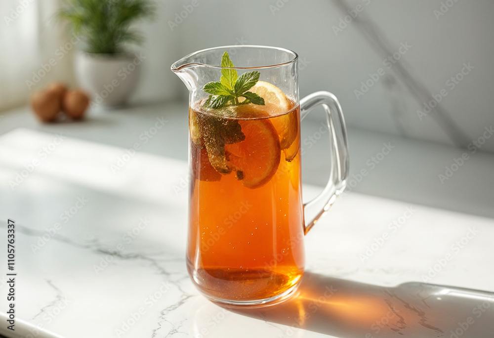 A glass pitcher holds citrus fruit iced tea and mint. A glass pitcher holds citrus fruit iced tea and mint.