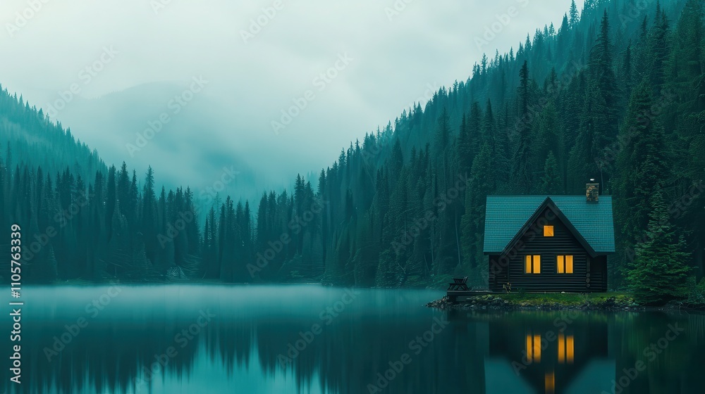 Fototapeta premium Scenic mountain cabin retreat overlooking a serene lake tranquil nature setting photography peaceful environment inspirational viewpoint for relaxation and reflection