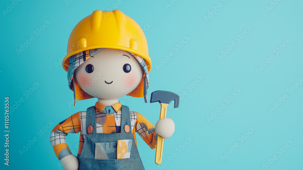 Builder doll inspires creativity with a friendly smile, wearing a hard hat and denim overalls, ready for imaginative construction adventures in a vibrant blue backdrop. Builder doll inspires creativity with a friendly smile, wearing a hard hat and denim overalls, ready for imaginative construction adventures in a vibrant blue backdrop.