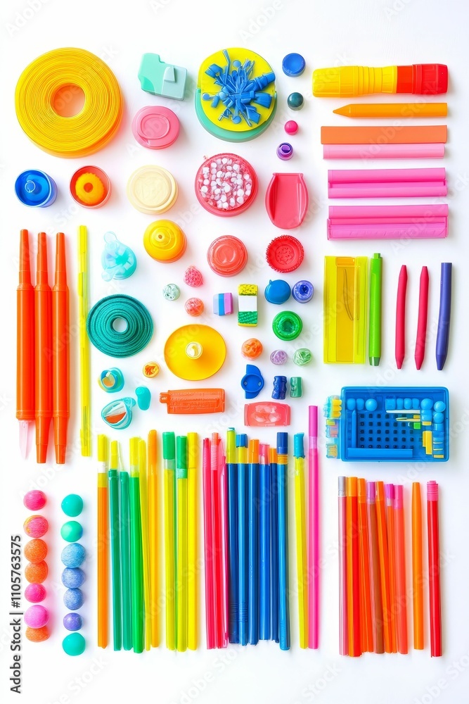 Obraz premium Colorful stationery and small objects arranged neatly.