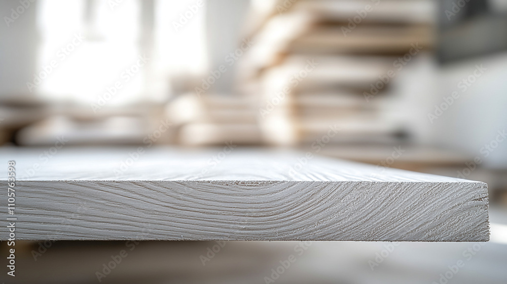 Close-up view of a wooden plank on a table in a bright workshop space Close-up view of a wooden plank on a table in a bright workshop space