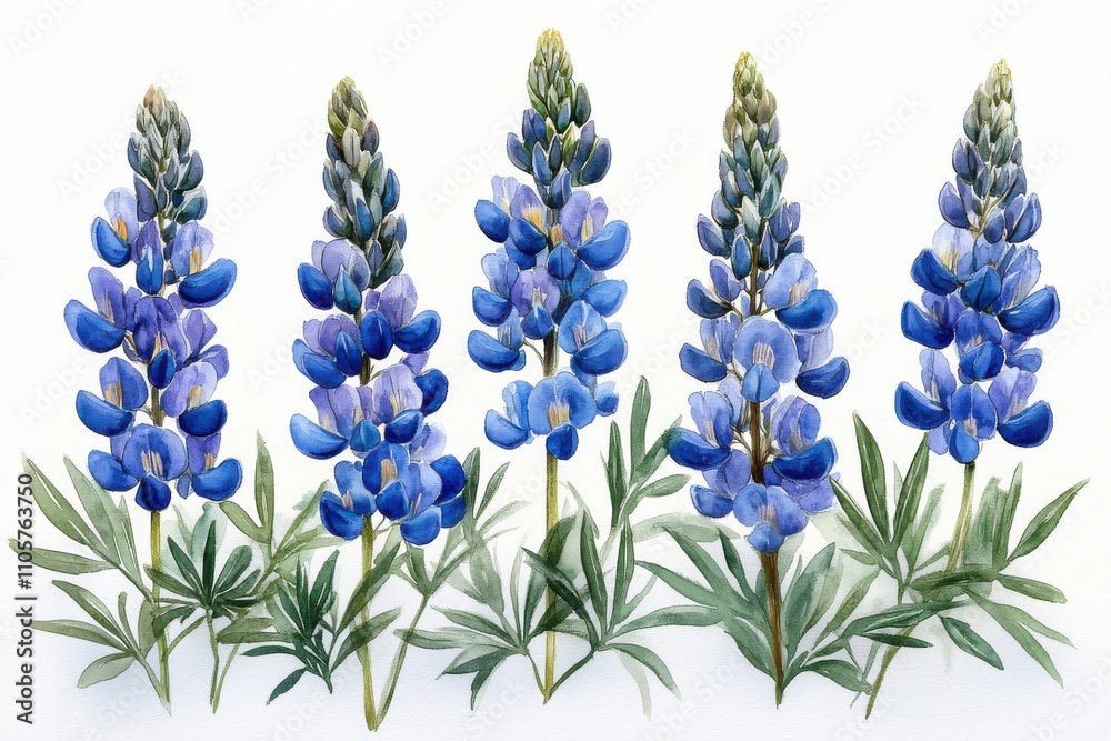 Obraz premium A watercolor illustration of vibrant blue lupine flowers with green leaves.