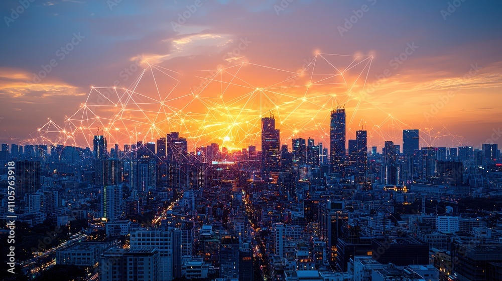 Obraz premium A vibrant city skyline at sunset, showcasing connectivity and modern architecture.