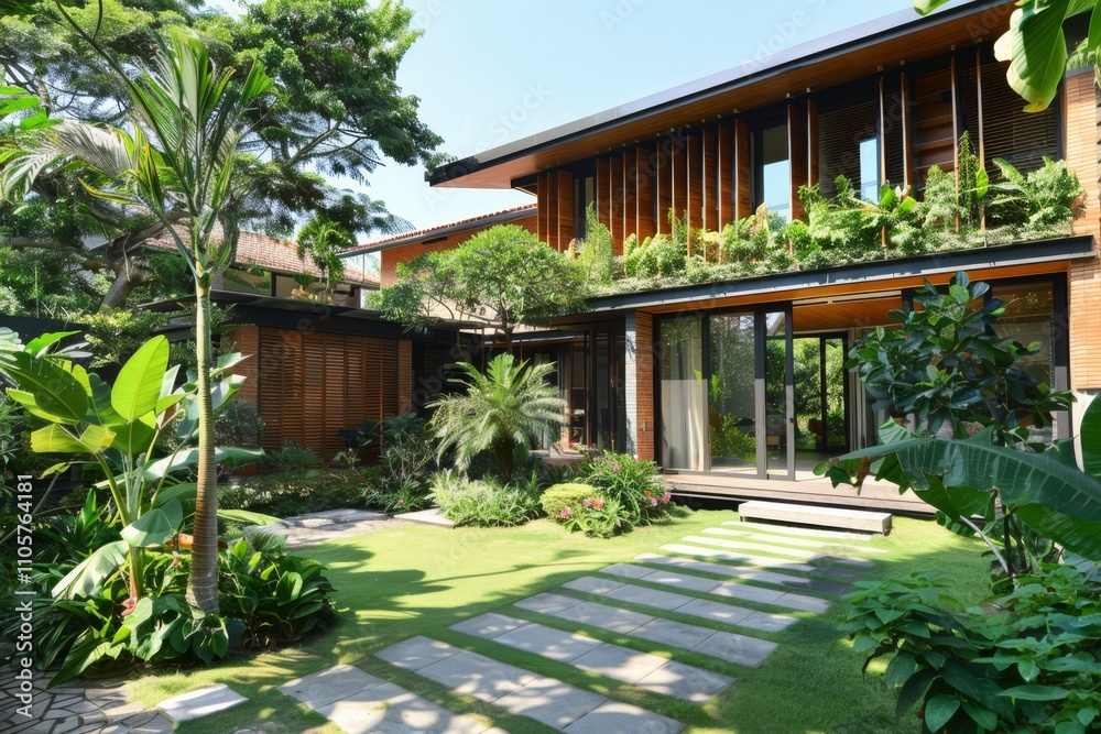 Eco-Friendly House Surrounded by Lush Greenery Eco-Friendly House Surrounded by Lush Greenery