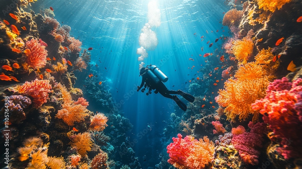 Vibrant Underwater Scene with Divers and Coral Reef Vibrant Underwater Scene with Divers and Coral Reef
