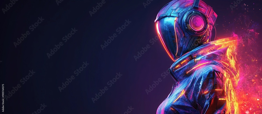 A futuristic figure in a glowing suit, showcasing vibrant neon colors and a sci-fi aesthetic. A futuristic figure in a glowing suit, showcasing vibrant neon colors and a sci-fi aesthetic.