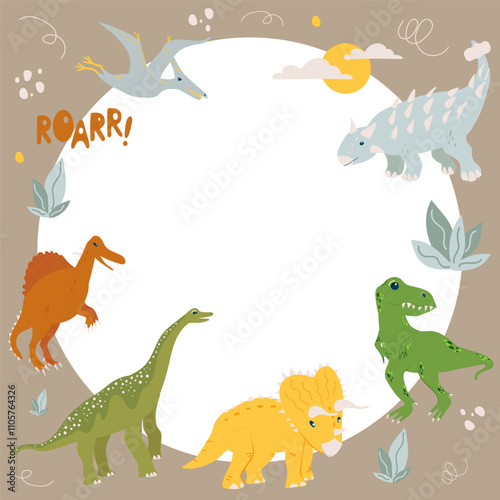 Vector dinosaur border or frame with Ankylosaurus, T Rex, Spinosaurus, Pterodactyl, Triceratops, Stegosaurus and Brachiosaurus. Can be used for packaging, labels, card, banner, invitations prints.

