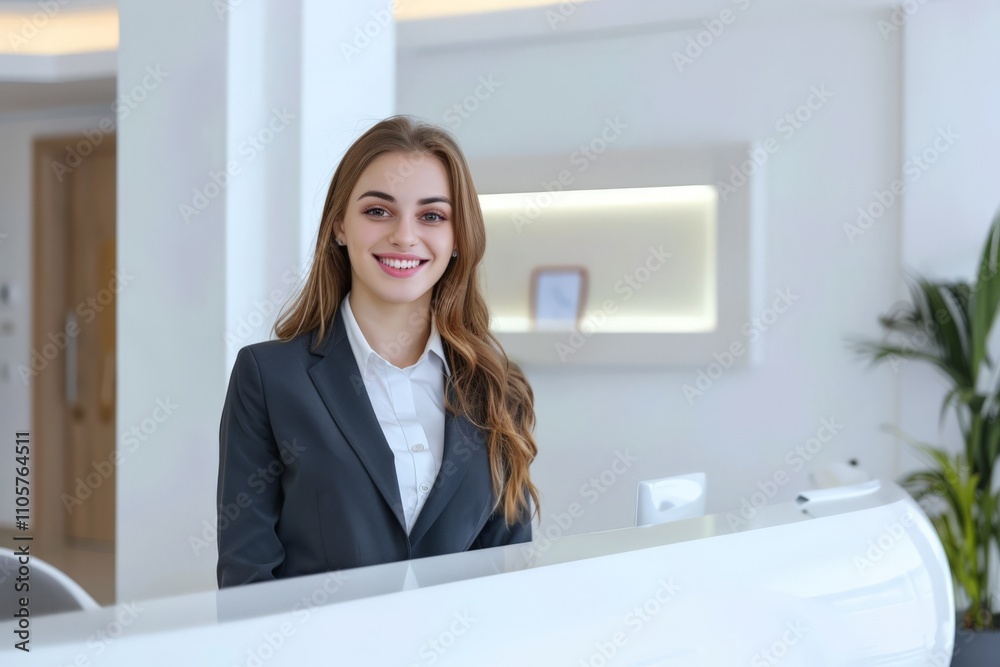 Elegant Modern Reception Area with Friendly Staff Member Elegant Modern Reception Area with Friendly Staff Member