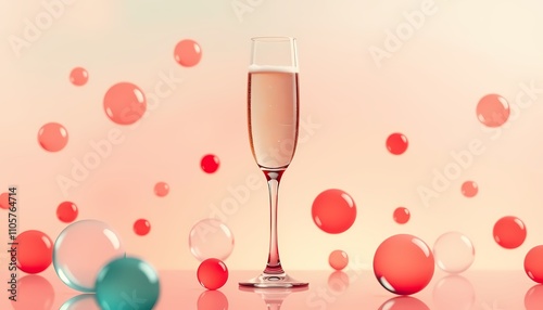 Glass of champagne with floating bubbles. Festive, celebratory concept.